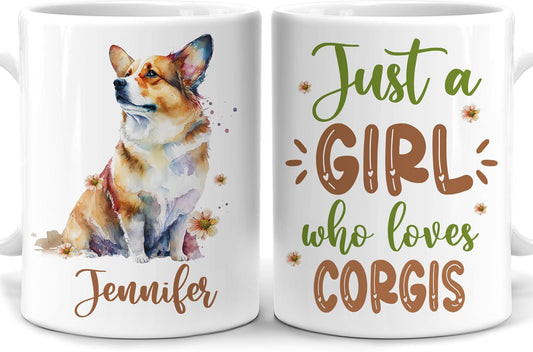 Hyturtle Personalized Gifts Corgi Lover - Just A Girl Who Loves Corgis Custom Name Ceramic Coffee Mug Cup 11oz - Idea Cute Dog Lover Gifts For Women, Girl Daughter On Birthday, Christmas