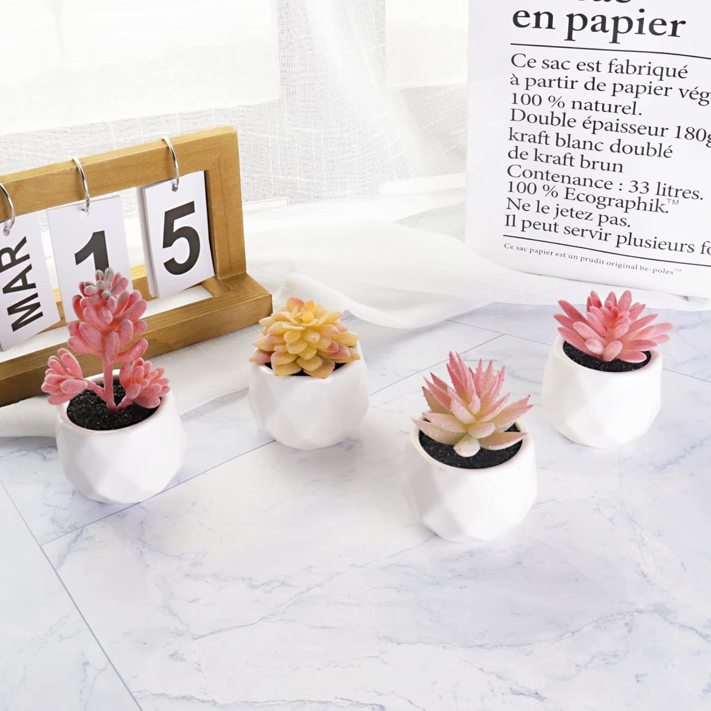 Tiita Artificial Faux Succulents in Pots, Pink Fake Plants Ceramic Arrangement Planter for Women Desk Small Mini Tiny Decoration for Home Office Desk Window 4 Set, Pink