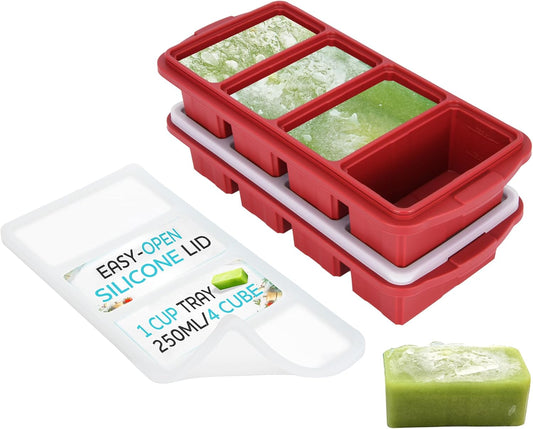 Silicone Freezer Tray With Lid - Soup Freezer Container molds - Large Ice Cube Tray- makes 8 perfect 1 cup portions cubes, 2-Pack Freezer Storage Food Soups & Meal Prep - Oven & Dishwasher -Safe