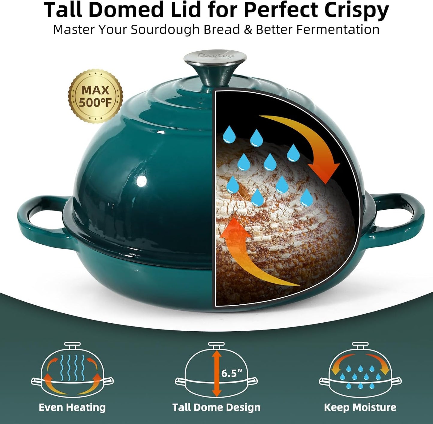 Davivy 5.5QT Dutch Oven for Sourdough Bread, Enameled Cast Iron Dutch Oven with Lid, 10" Round Sourdough Bread Oven, Bread Cloche for Bread Baking - Gradient Teal
