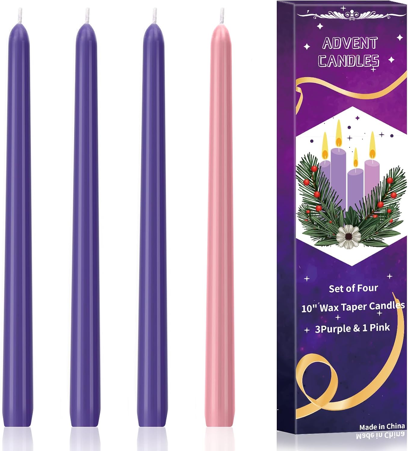 4 Pack Advent Taper Candles Premium Hand Dipped 10in Unscented Christmas Taper Candles - Ideal for Seasonal Celebrations, Holidays, Church, Celebration, Party