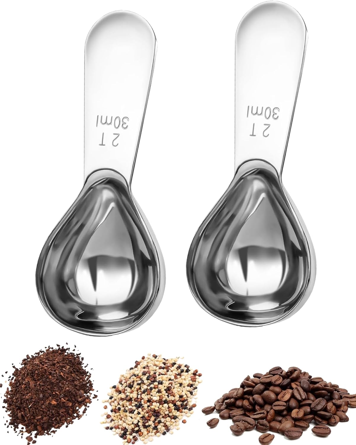 Coffee Scoop 30ml 2PCS, 2 Tablespoon Measuring Spoons, Ergonomics Design Coffee Scooper Stainless Steel Manufacture，Coffee Scoop for Ground Coffee Protein Powder Sugar Cereal (Silver, 2 tbsp-30ml)