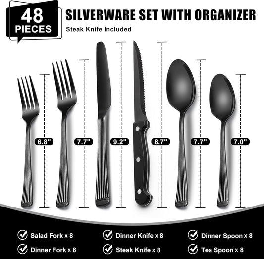 49-Piece Black Silverware Set with Organizer, Stainless Steel Roman Column Black Flatware for 8, Cutlery Utensil Sets with Steak Knives, Rust-proof, Mirror Polished, Dishwasher Safe