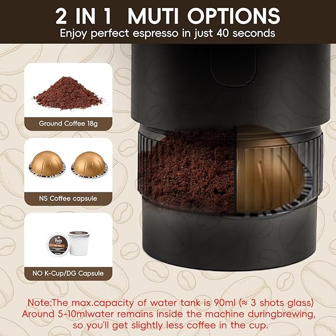 Portable Espresso Maker, 20Bar Pressure & Up to 60 Cups per Charge, Battery Operated Portable Coffee Maker, Works with Ground Coffee & Capsules, for Camping, Car, Travel, and Office Use.