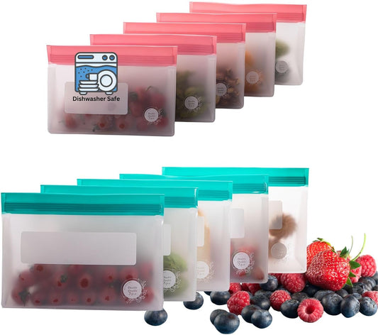 Reusable Food Storage Bags – 10-Pack Stand-Up, BPA-Free, Freezer, Dishwasher Safe, & Eco-Friendly– 5 L, 5 M Bags – Airtight Leakproof Sandwich, Snack, Travel & Make-Up baggies (Multicolor)