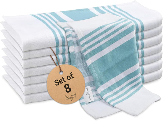 Urban Villa Cotton Dish Cloth Set of 8, Highly Absorbent Super Soft Quick Drying 12x12 Inch Dish Cloths for Kitchen Cleaning & Drying Dishes Mitered Corner Trendy Stripes Kitchen Towels - Aqua/White