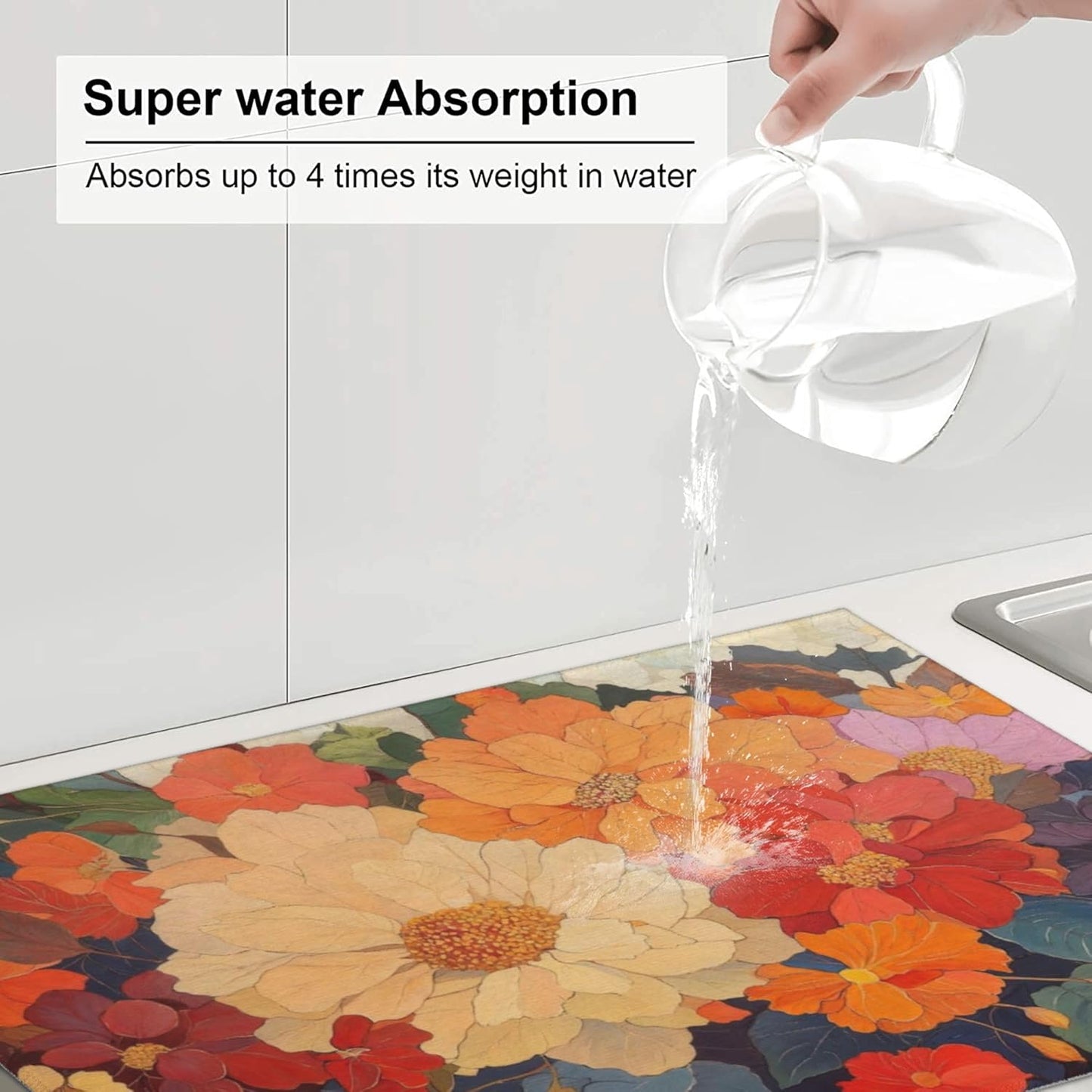 Colorful Floral Dish Drying Mat for Kitchen Counter, 18"x24" Microfiber Absorbent Fast Dry Mat, 2Pcs Dish Mat Faucet Mats Sets, Large Drying Kitchen Mat Kitchen Drying Pad Coffee Bar Decor Gifts