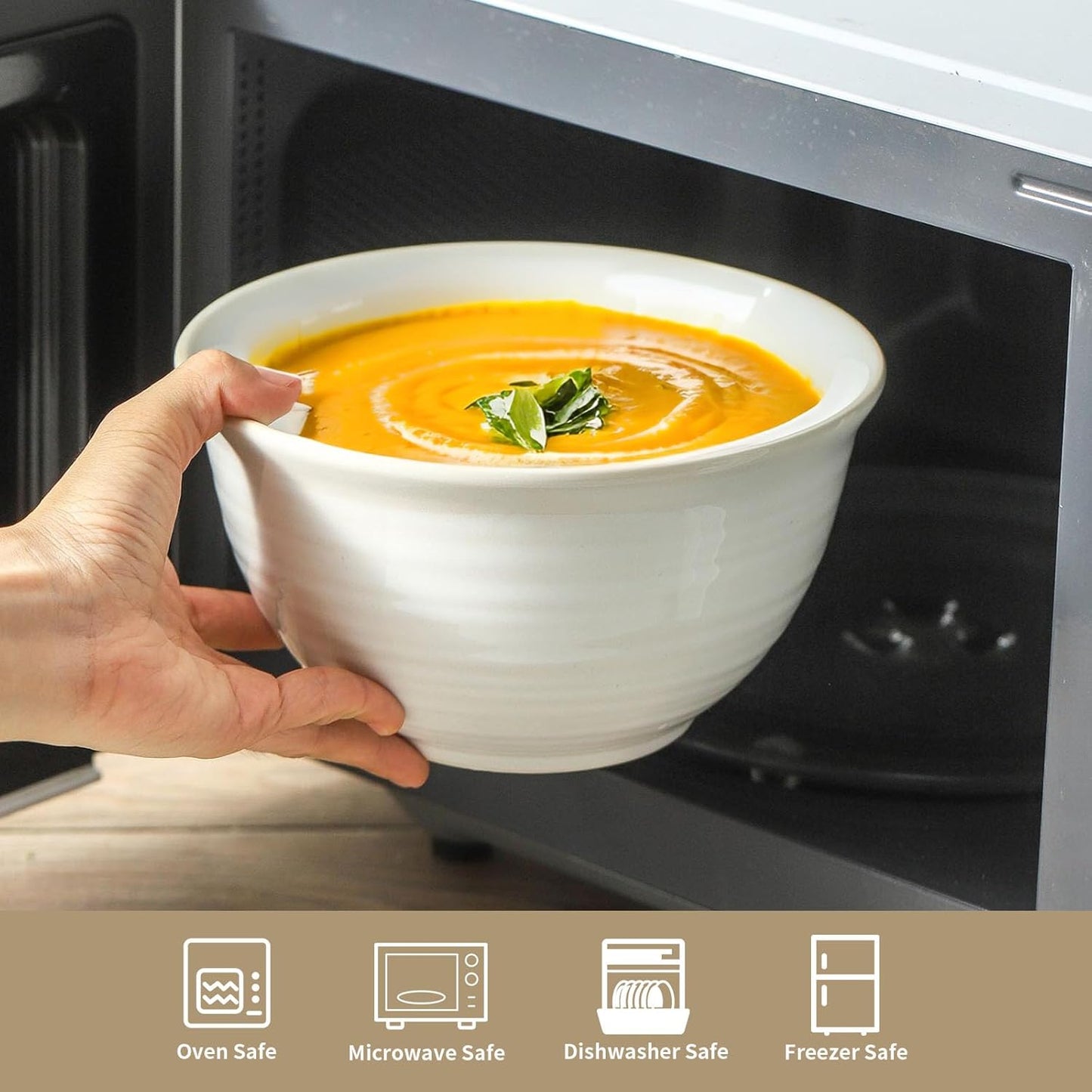 Hasense Soup Bowls, 40 Ounce Large Cereal Bowls for Kitchen, 7 Inch Ceramic Serving Dishes for Salad Pasta Oatmeal, Dishwasher and Microwave Safe, Clay-Infused White