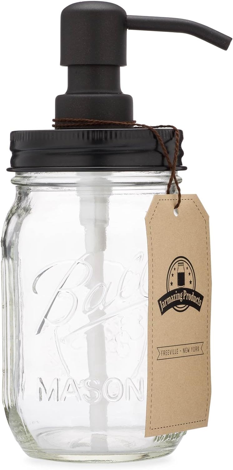 Jarmazing Products Mason Jar Soap Dispenser - Black - 16 oz Ball Mason Jar Liquid Dispenser for Kitchen & Bathroom - Glass - Kitchen Soap Dispenser with Rust Proof Stainless Steel Pump & Lid