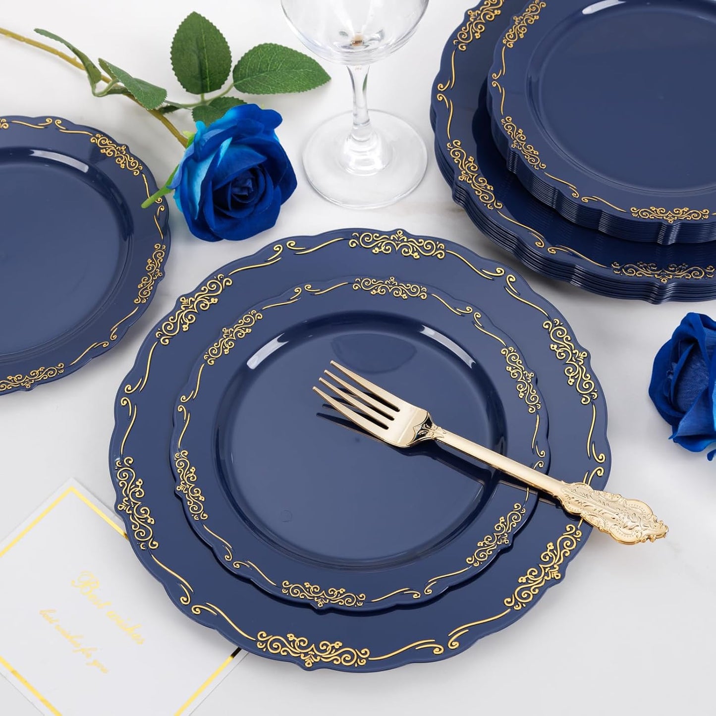 DaYammi 150Pcs Blue Plastic Plates Heavy Duty Navy Blue Disposable Plates with Gold Plastic Silverware include 30 Dinner Plate, 30 Dessert Plate, 90 Gold Silverware Set for Party Wedding
