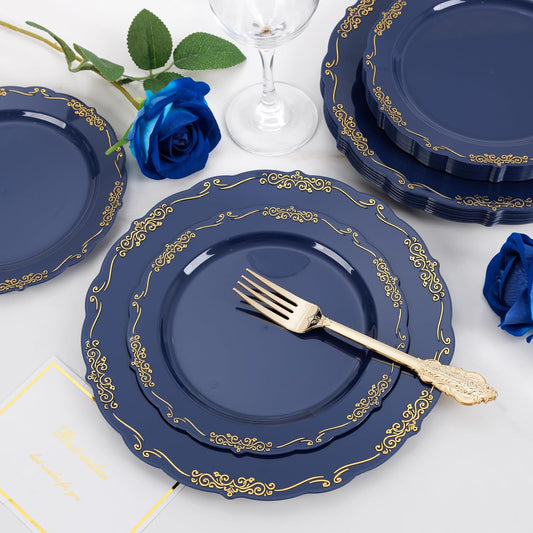 DaYammi 150Pcs Blue Plastic Plates Heavy Duty Navy Blue Disposable Plates with Gold Plastic Silverware include 30 Dinner Plate, 30 Dessert Plate, 90 Gold Silverware Set for Party Wedding