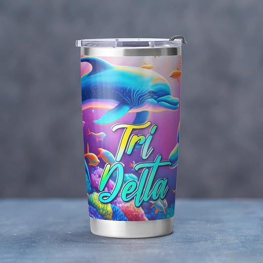 Tri Delta Sorority Paraphernalia - Official Vendor - 20 oz Stainless Steel Insulated Sublimation Tumblers - Underwater Dolphins