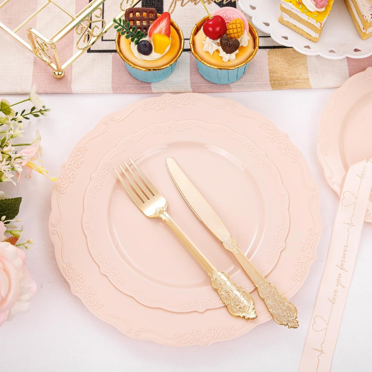 DaYammi 150Pcs Pink Plastic Plates & Gold Plastic Silverware,Pink Disposable Plates for Party Include 30 Dinner Plate,30 Dessert Plate,30 Gold Forks and 30 Spoons, 30 Knives for Wedding Bridal Shower