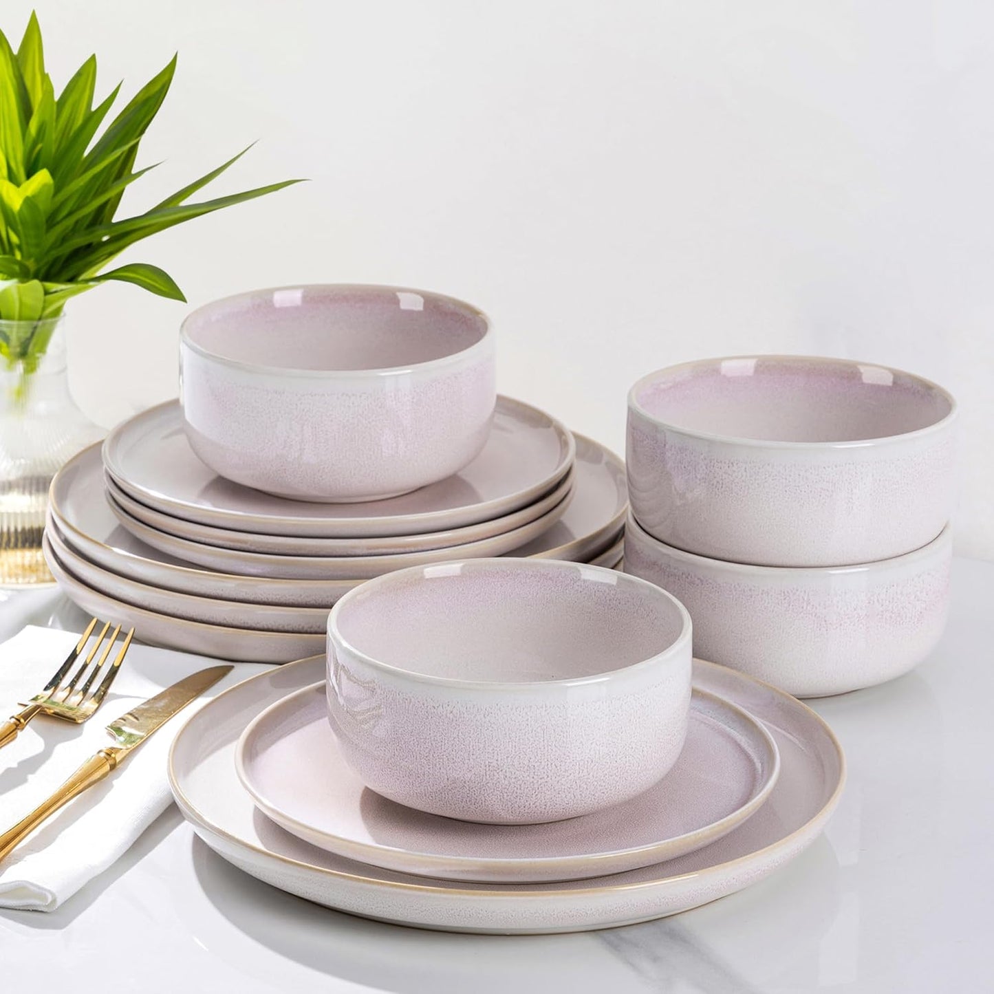 TheTerra Ceramic Dinnerware Sets for 4, 12 Pieces Handmade Reactive Glaze Plates and Bowls Set, Scratch Resistant Dish Set, Oven & Microwave & Dishwasher Safe, Primrose Pink