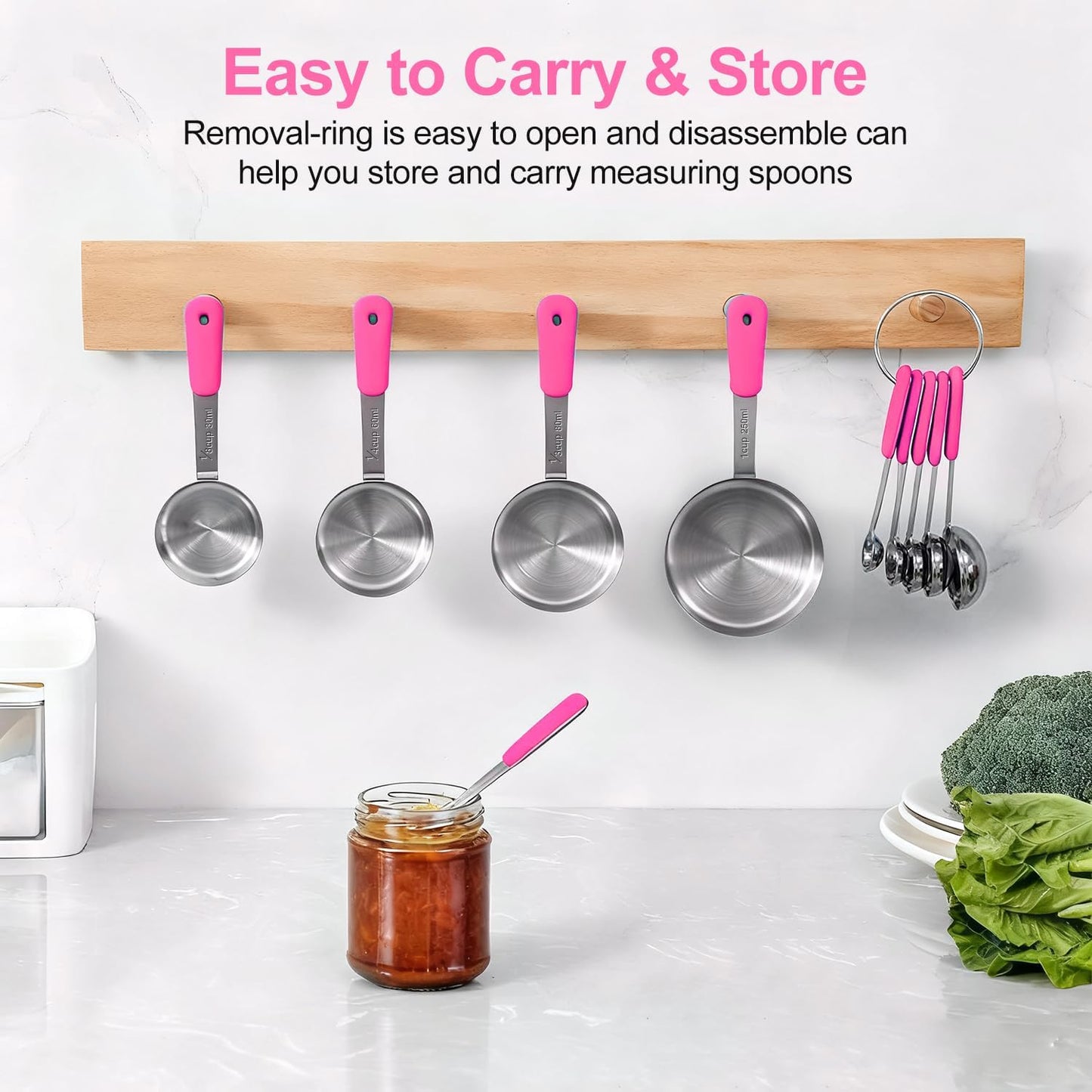 Measuring Cups and Spoons Set, Stainless Steel 10 Piece for Cooking and Baking (5 Cups + 5 Spoons, Pink Handle)