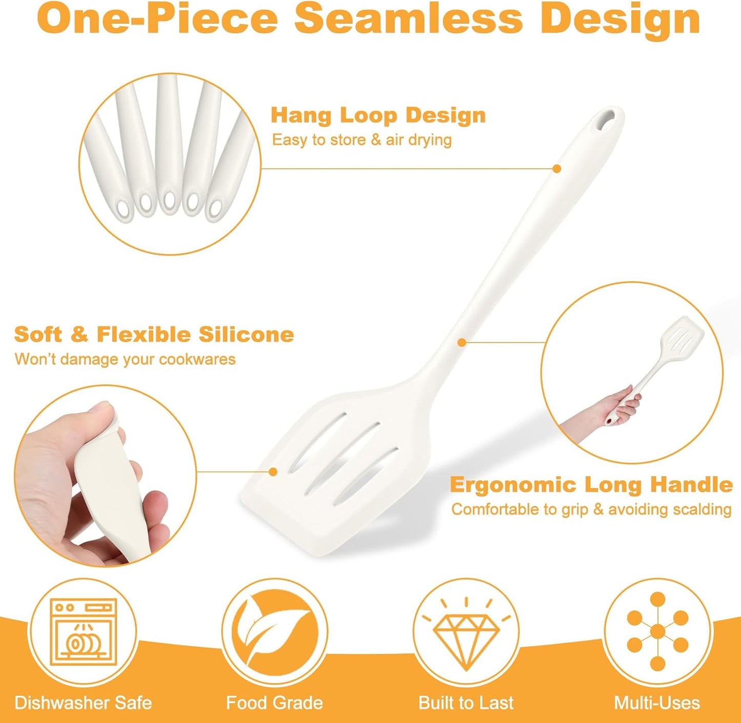 TeamFar Silicone Cooking Utensils Set, 7-Piece Heat Proof Kitchen Utensils Set, Kitchen Tools Spatula Turner Ladle Spoon Pasta Fork for Nonstick Cookware, Non-Toxic & Dishwasher Safe, White