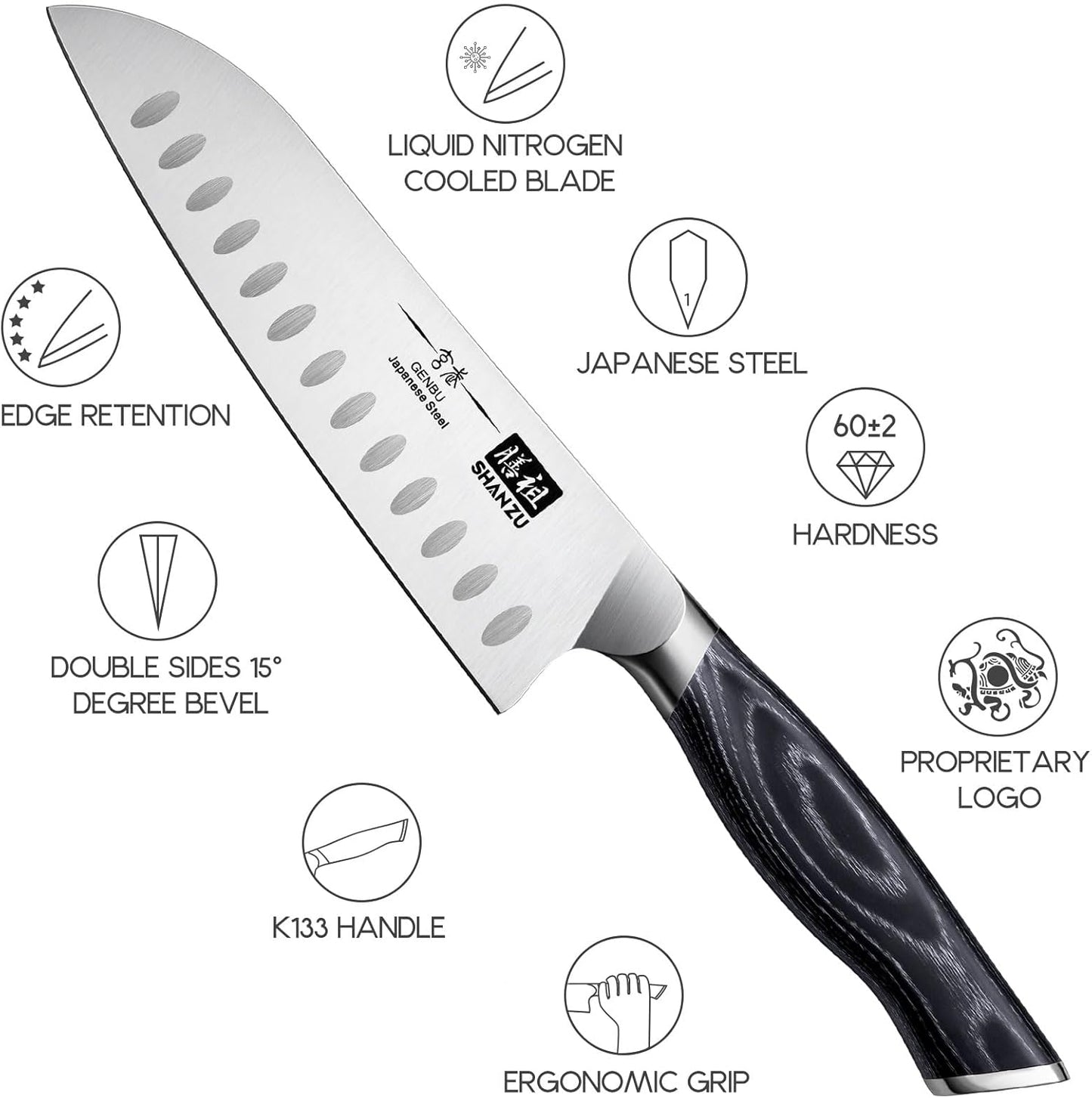 SHAN ZU 7 Inch Japanese Chef Knife, Professional Kitchen Knives, Japanese Super Steel Sharp Santoku Knife with K133 Ergonomic Handle, Black Tortoise Genbu Series
