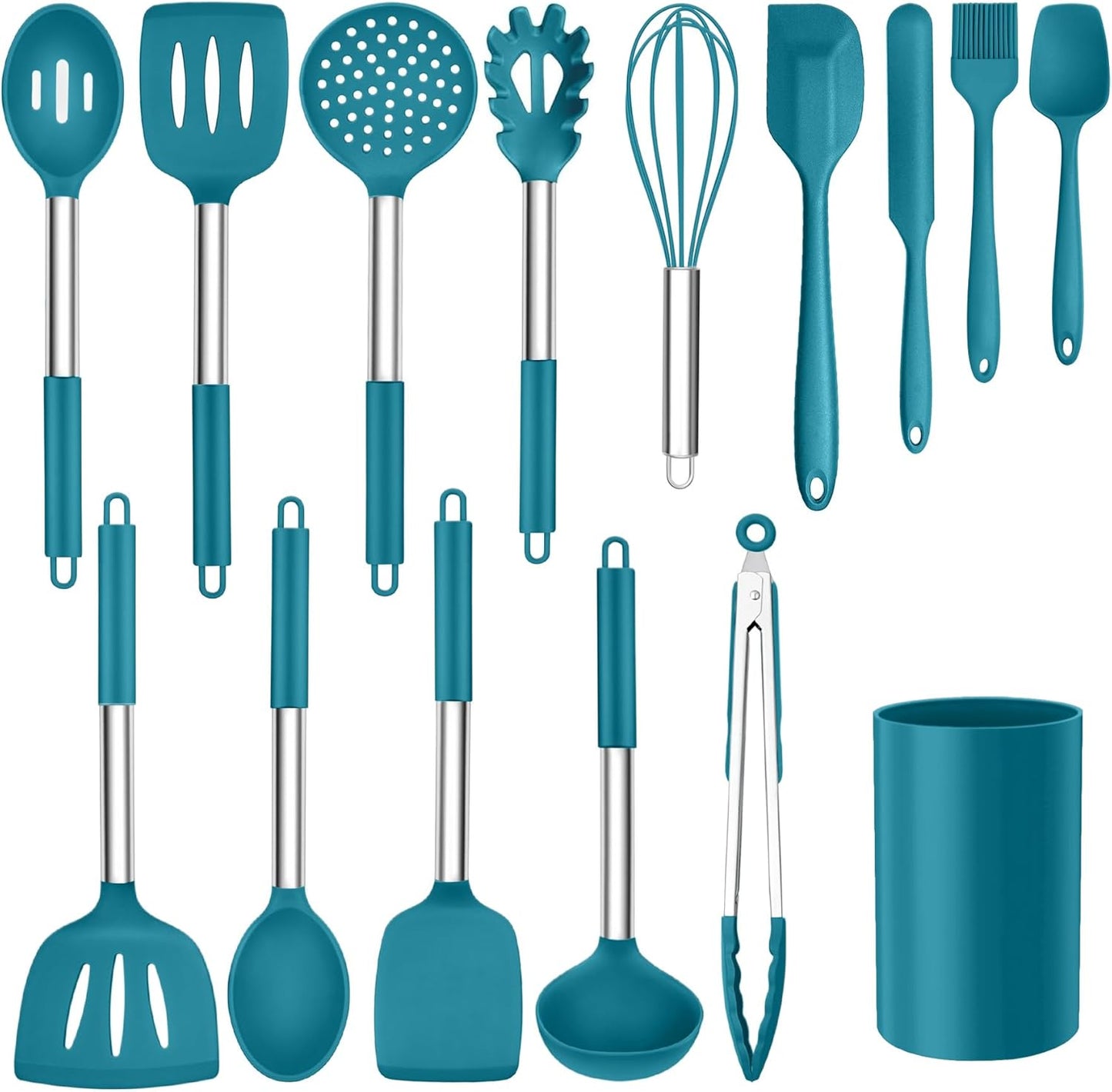 15pcs Kitchen Cooking Utensils Set with Holder, Onader Heat Resistant Silicone Kitchen Utensils Spatula Set with Stainless Steel Handle - Blue