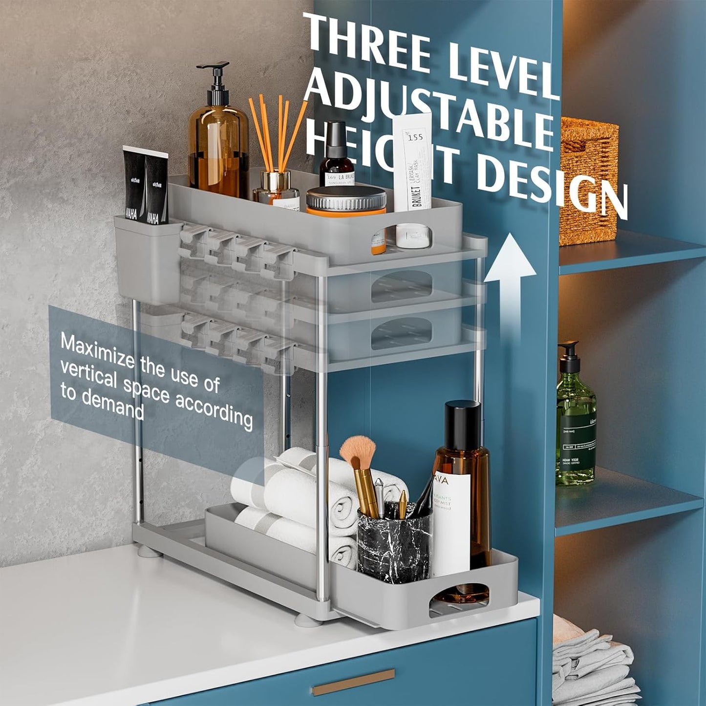 2 Pack Adjustable Gray Under Sink Organizers, 2 Tier Pull Out Storage, Kitchen Bathroom Office Laundry Room Living Room