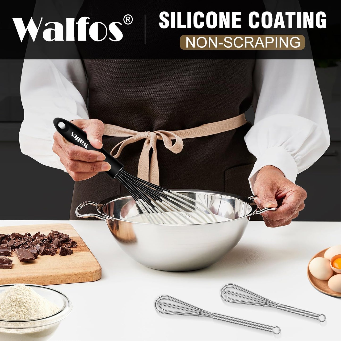 Walfos Whisks,Silicone Whisk Non Scratch,Whisks for Cooking,BPA free and Dishwasher Safe.Nice for Mixing and Beating.5pcs whisk set (5+7in mini whisk +7+9+11in balloon whisk)
