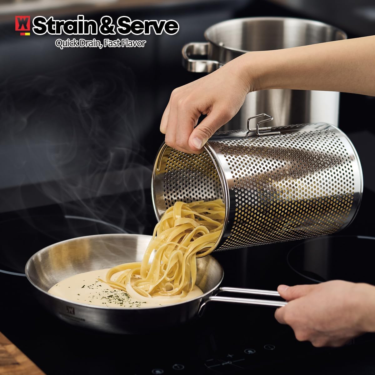 Premium Stainless Steel Asparagus Steamer Pot or Spaghetti Pasta Stovetop Cooker with Perforated Steamer Basket, Tall & Large Size, Versatile Cookware, 3-Ply Base(4.3Liters/1.14Gals)