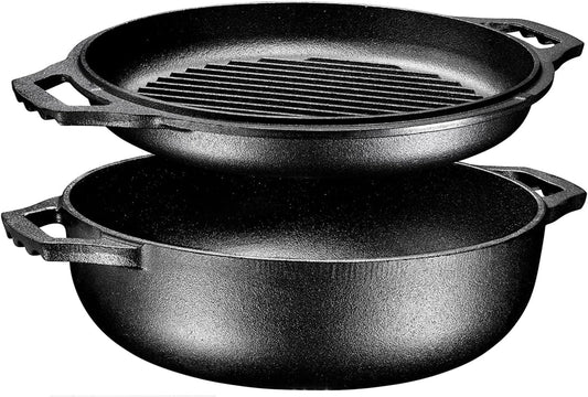 Bruntmor 2-in-1 Pre-Seasoned Cast Iron Dutch Oven with Dual Handles, Cocotte Double Braiser Pan with Grill Lid 3.3 Quarts - BBQ Grill, Fryer - Outdoor Cookware Set with Dual Handles, Camping,- Black