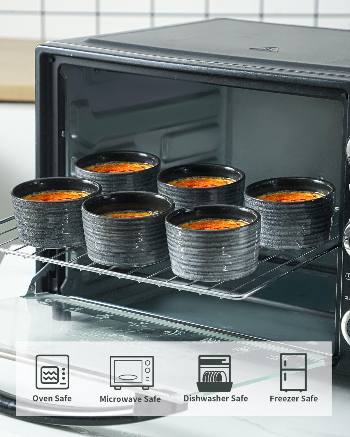 Hasense 4 oz Ramekins Oven Safe,Ceramic Creme Brulee Dish for Baking Set of 6,Porcelain Dipping Sauce Bowls for Pudding, Souffle,Serving Dip,Custard,Ice Cream, Grey