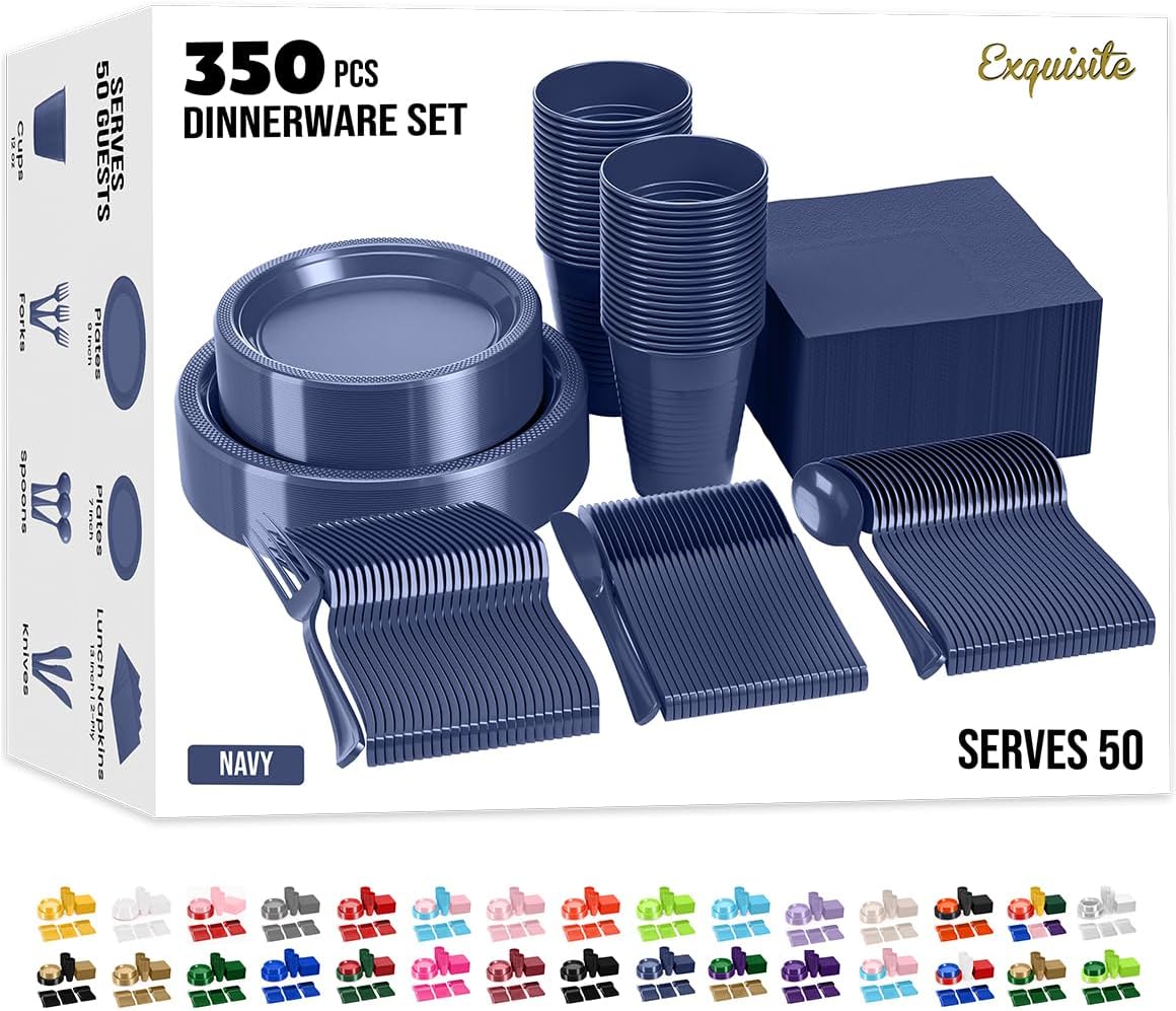 Party Solids 350 Pieces Navy Plastic Plates For Party, Navy Disposable Plates Set, 50 Of Each 9" Dinner Plate Set, 7" Dessert Plate, Cups, Napkins & Cutlery Plastic Dinnerware