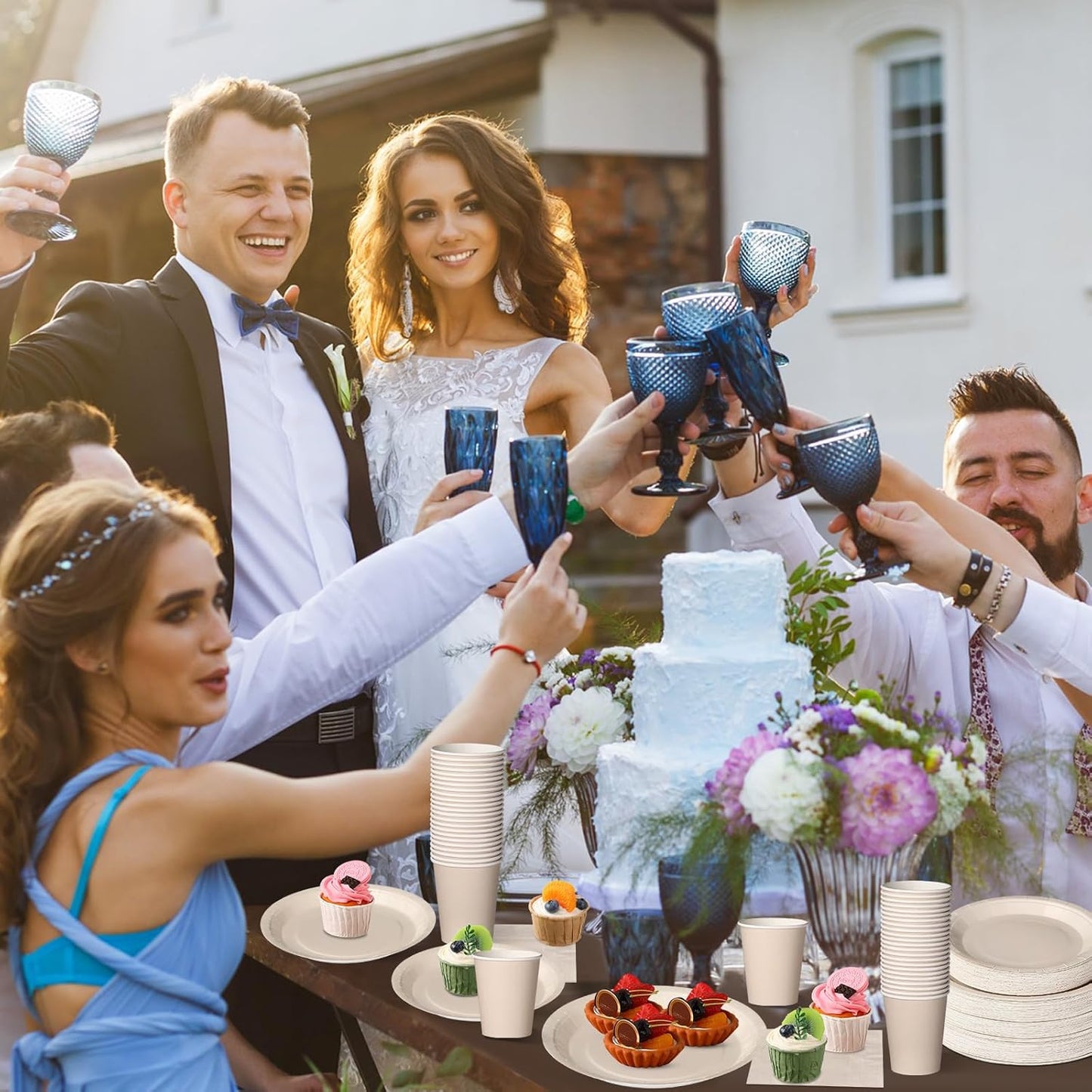 Tioncy 200 Pcs Disposable Paper Plates Cups and Napkins Party Supplies Serve 50 Guests Disposable Paper Dinnerware Set for Halloween Birthday Wedding Baby Shower Family Picnic(Ivory)