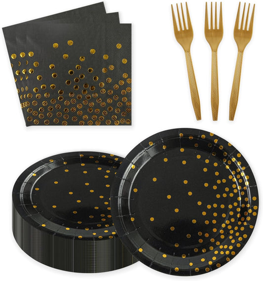 90PCS Black and Gold Paper Plates and Napkins Set, Disposable Gold Dot Party Plates with Napkins Forks Dessert Dinnerware Party Supplies for Wedding, Graduation, Festivals