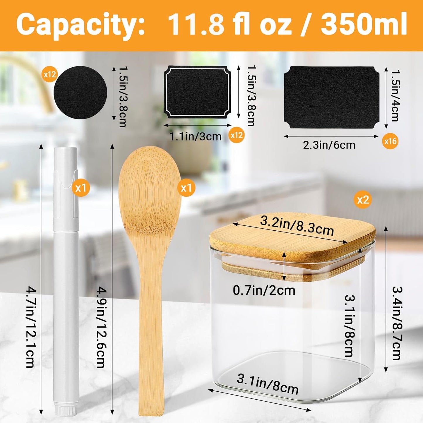 Square Glass Jar with Lid, 12 Fl.oz Glass Jars with Bamboo Lids Set of 2, Kitchen Pantry Storage Containers for Spice, Sugar, Coffee, Tea, Candy, Nuts - Included Labels, Marker and Spoon