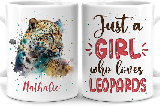 Hyturtle Personalized Gifts Leopard Lover - Just A Girl Who Loves Leopards Custom Name Ceramic Coffee Mug Cup 11oz - Idea Cute Animal Lover Gifts For Women, Girl Daughter On Birthday, Christmas