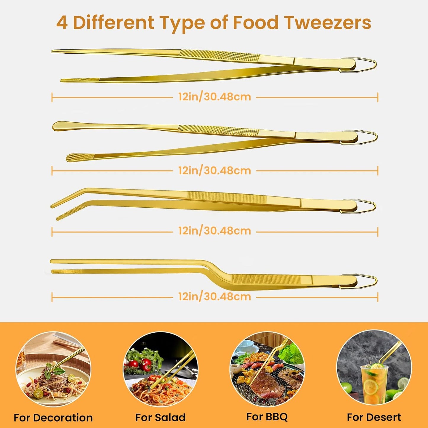 GEEKHOM 4 Pcs 12-Inch Gold Premium Tweezer Tongs, Full-Size Stainless Steel Set for Culinary, Restaurant, Buffet & Party Serving