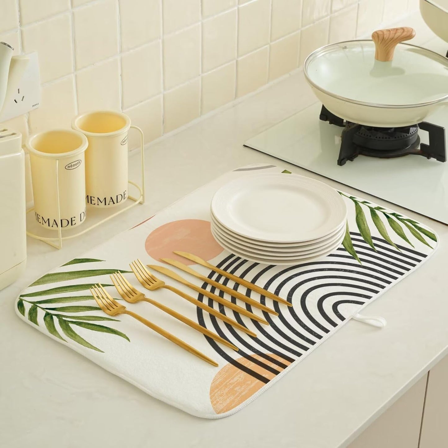 Boho Mid Century Dish Drying Mat 18 x 24 inch, Summer Abstact Coral Sunset Green Palm Leaf Decorative Drying Mats Microfiber Absorbent Dish Washable Draining Mat for Kitchen Counter Decor