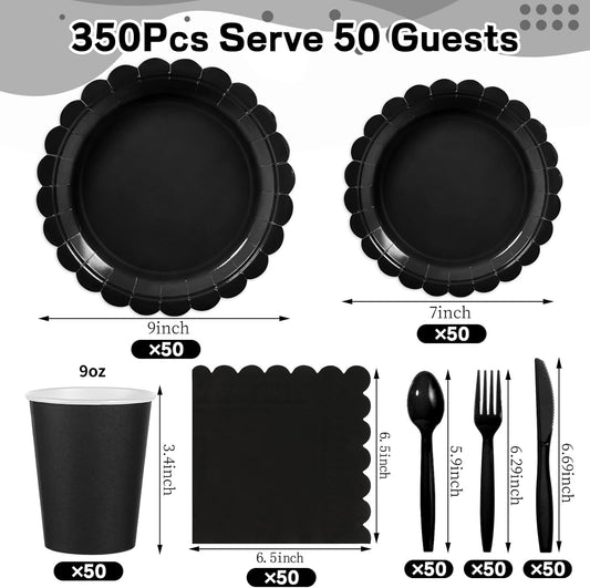 350 Pcs Black Paper Plates and Napkins, 25 Guest Black Birthday Party Supplies Includes Scalloped Party Plates Napkins Cups Plastic Spoons Forks Knives for Birthday, Wedding, Halloween