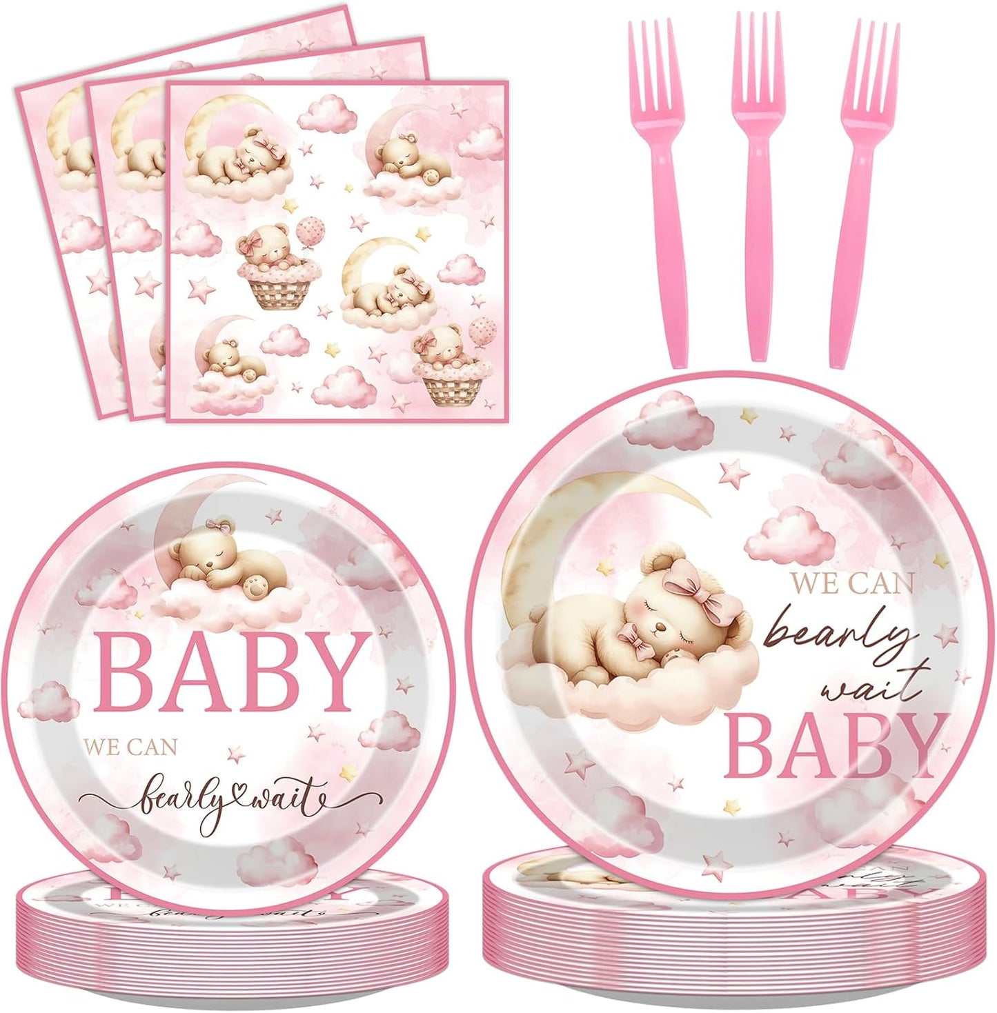 Bear Disposable Party Plates - 96 Pcs Pink We Can Bearly Wait Baby Shower Decorations for Girls Cute Gender Reveal Napkins Forks Tableware Set Supplies Shortcake Dinnerware Serves 24 Guests