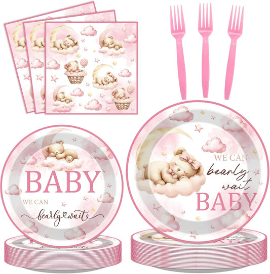 Bear Disposable Party Plates - 96 Pcs Pink We Can Bearly Wait Baby Shower Decorations for Girls Cute Gender Reveal Napkins Forks Tableware Set Supplies Shortcake Dinnerware Serves 24 Guests
