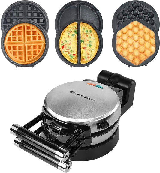 3-in-1 Waffle, Omelet, Egg Waffle Maker, 3 Removable Nonstick Baking Plates, Upgraded 360 Rotating Belgian Maker