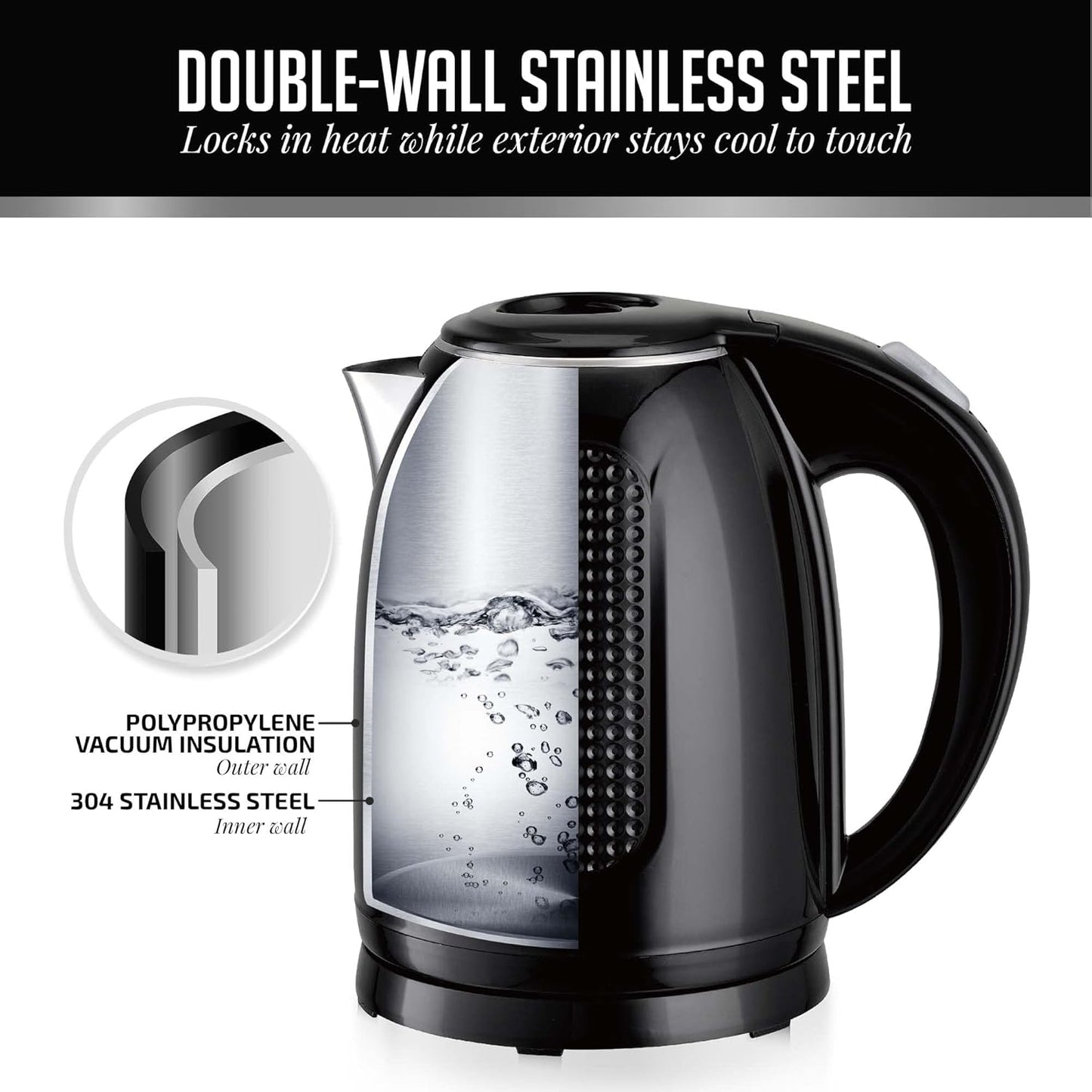 OVENTE Electric Kettle, 1.7L Double Wall Stainless Steel Insulated Water Boiler & Heater for Coffee or Tea, 1100W Fast Boiling with Auto Shut-Off, Boil-Dry Protection & Secure Locking Lid, Black KD64B