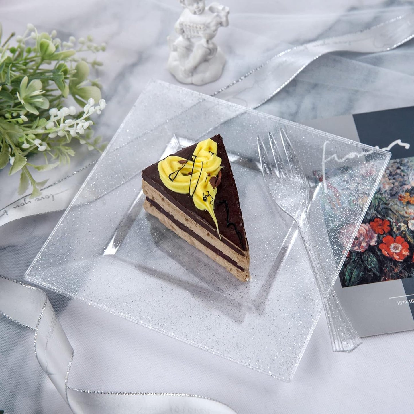 DaYammi 100 Pcs Plastic Dessert Plates 6" with 100 Pcs Plastic Forks 5.7"- Silver Glitter Disposable Square Plate Fancy Salad Plate Appetizer Plates and Silver Forks Combo Bulk Set for Wedding Party