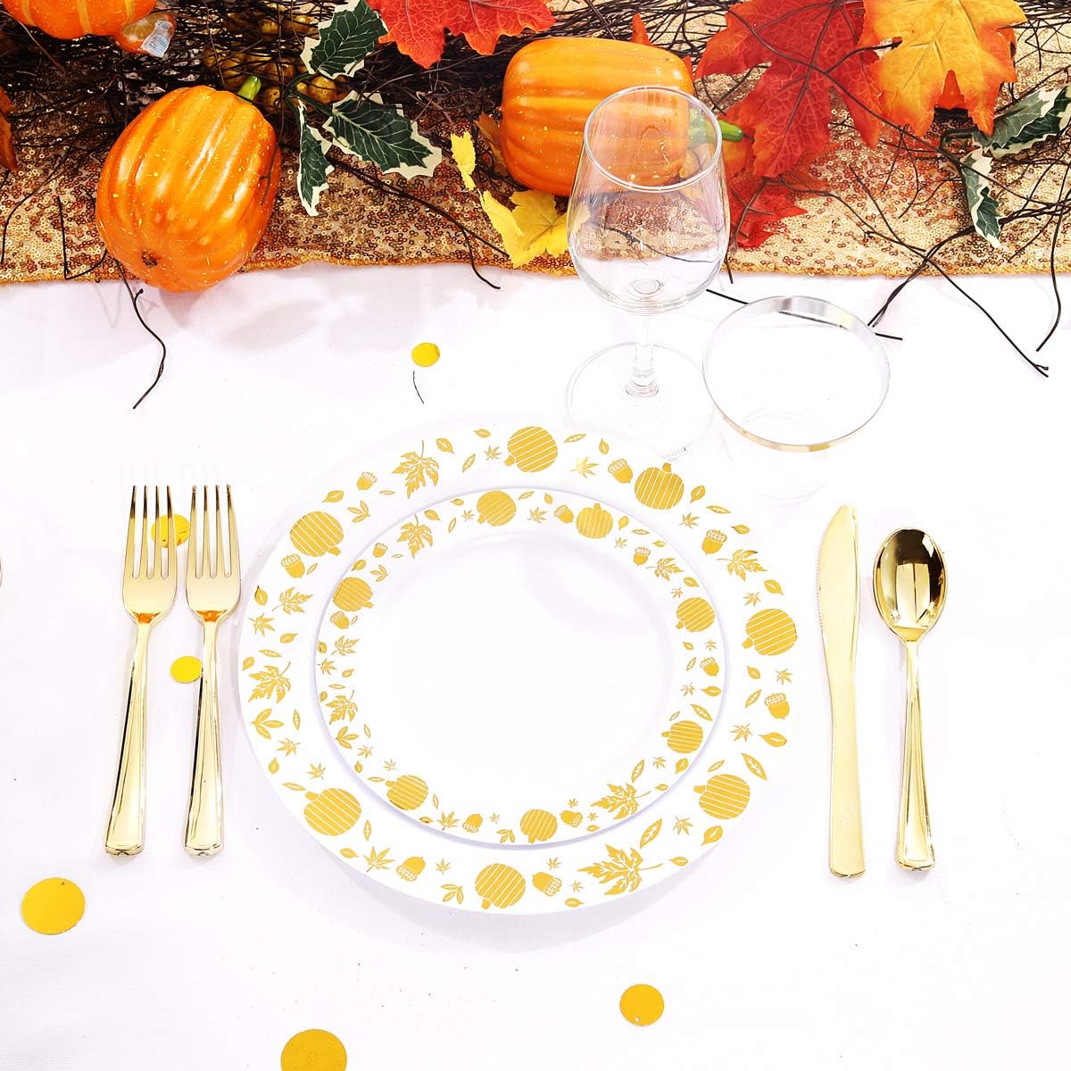 WDF 150pcs Gold Plastic Plates with Disposable Plastic Silverware - Premium Thanksgiving Dinnerware Sets for Thanksgiving Day&Parties