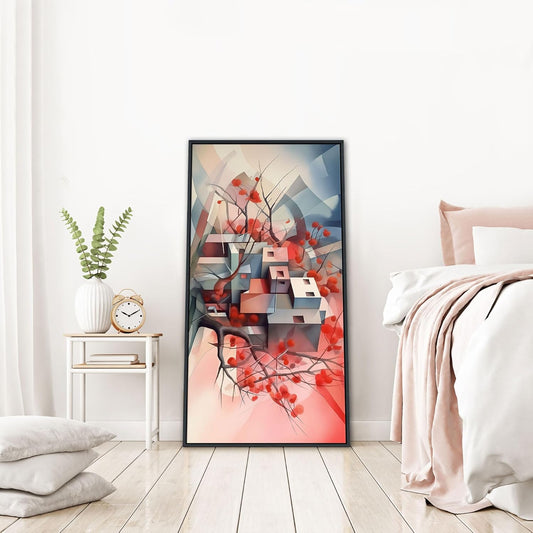 QZQCBLC Abstract Canvas Wall Art, Pink Geometry Ultra Modern Gallery Wall Pictures Grey Tree House Canvas Paintings Framed Artwork for Living room Bedroom kitchen Bathroom Home Decor 20x40 IN