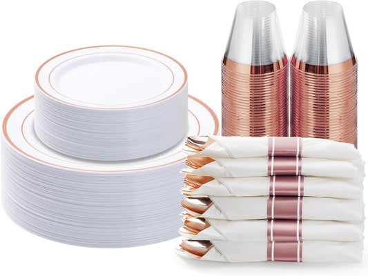 BESTVIP 175PCS Rose Gold Plastic Dinnerware Set, Disposable Party Plates for 25 Guests, Include: 50 Plastic Plates, 25 Pre Rolled Napkins with Rose Gold Silverware, 25 Cups for Christmas, Halloween