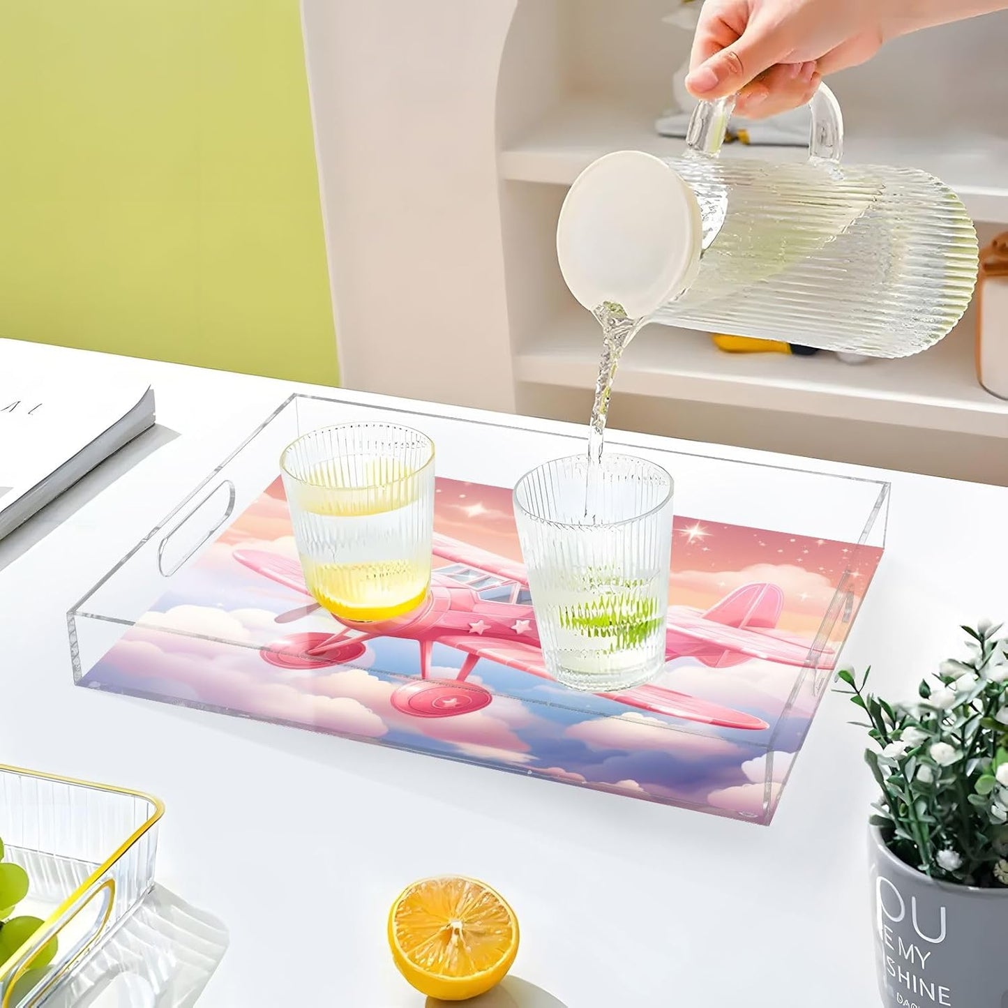 Plastic Food Serving Tray Decorative Vanity Trays for Bathroom Cartoon Aircraft Coffee Table Kitchen Counter 11.8 * 15.7in