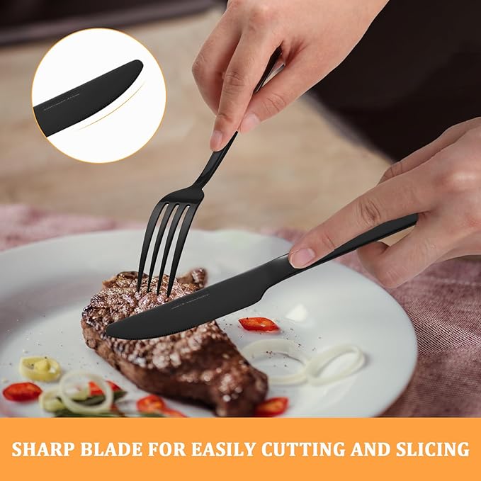 KOOMADE-Elysian -24 Piece Set Black Stainless Steel Home Kitchen Flatware Include Forks Spoons Knives Great for Family Gatherings & Daily Use