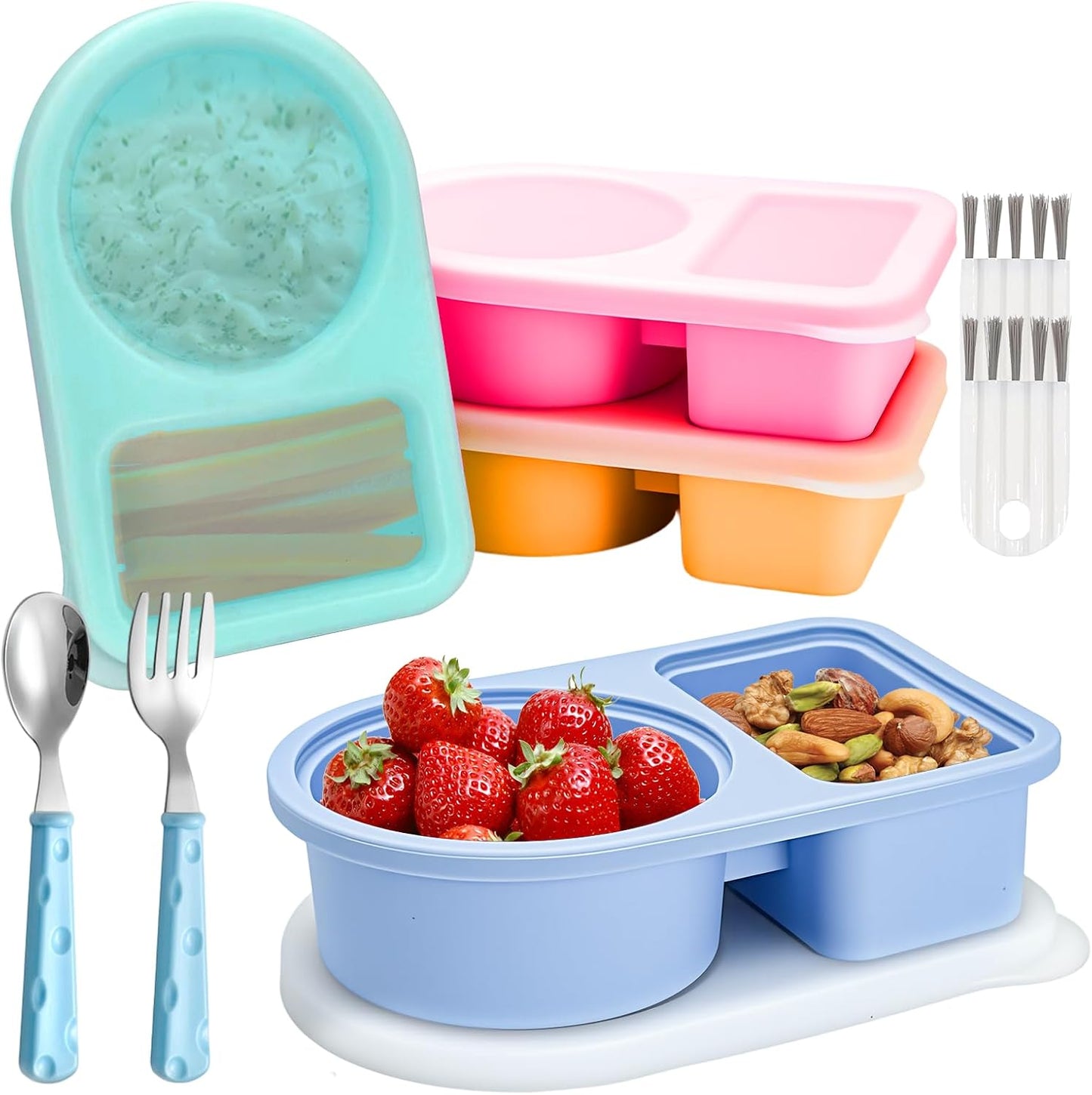 Silicone Snack Containers with Semi-Transparent Lids 4 Pack, Reusable Double Compartment Snack Container for Salad, Condiment, Sauce, Small Leakproof Snack Box for School, Travel