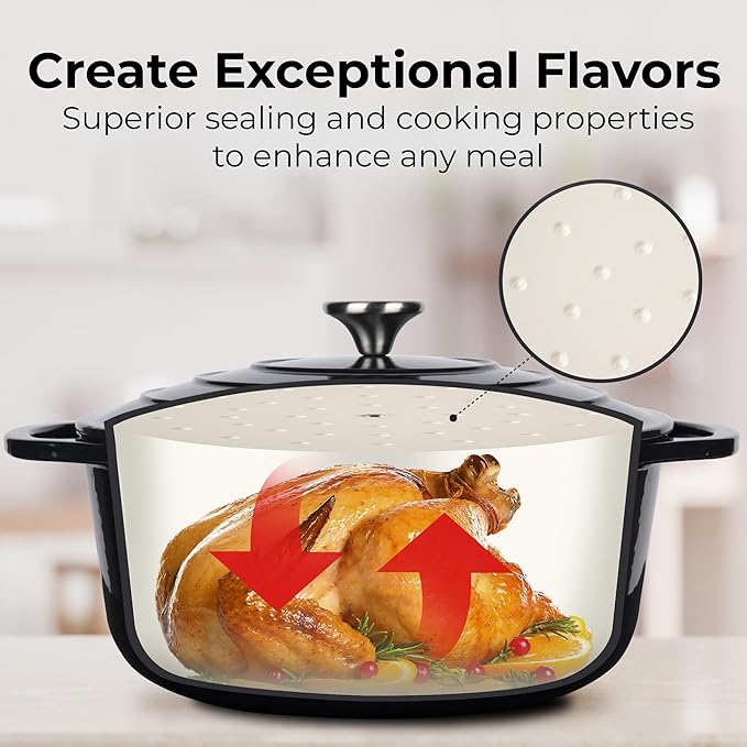 Zulay Kitchen 6 Quart Enameled Cast Iron Dutch Oven Pot with Lid – Premium Durability & Oven Safe up to 500°F – Heavy Duty Cookware Perfect for Bread Baking, Stews, Braising & Roasting – Black