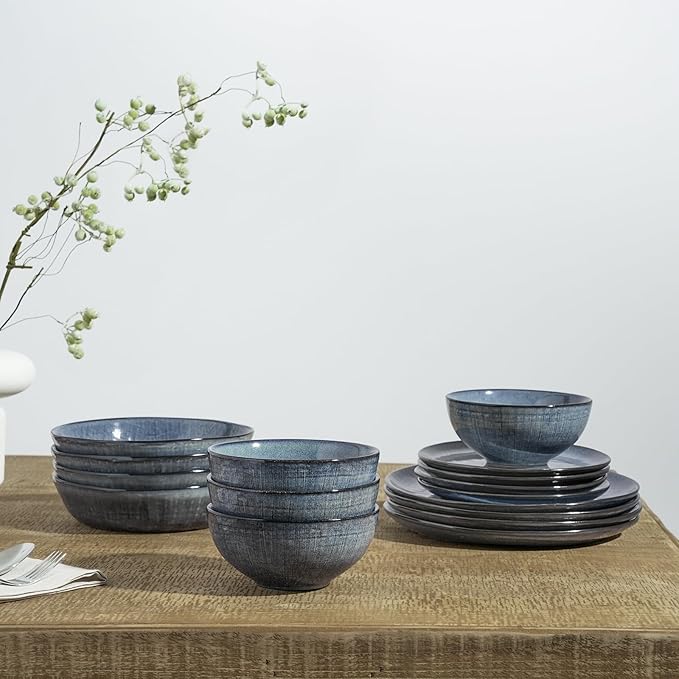 Famiware Moonlight Plates and Bowls Sets, 24 Pieces Stoneware Dinnerware Sets with Linen Finish, Dishware set for 8, Microwave and Dishwasher Safe, Chip and Scratch Resistant, Dark Blue
