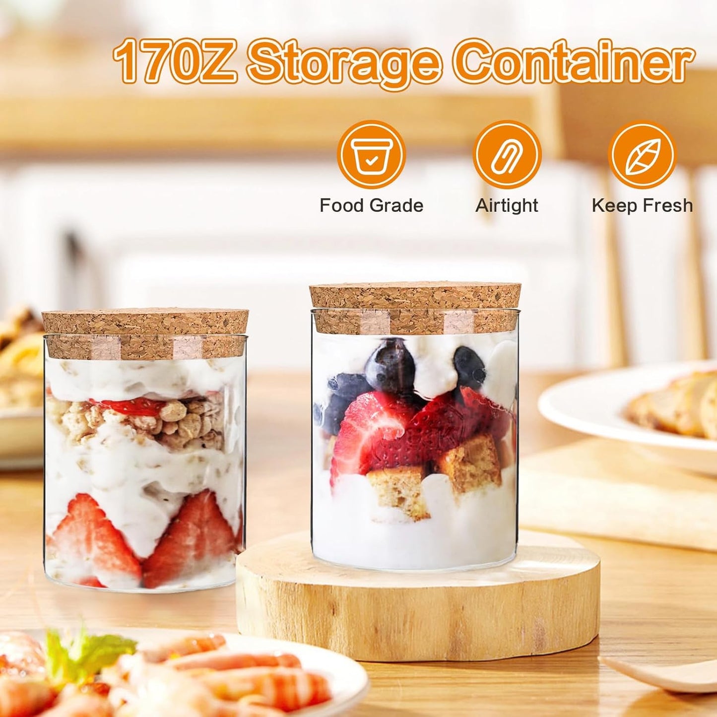 Airtight Glass Storage Containers with cork Lid, for Kitchen Pantry Organization and Storage jar，Ideal for Coffee Beans Snacks Flour Cereal Sugar Tea 16oz. (Circular 3.9 * 3.3in*4pcs)