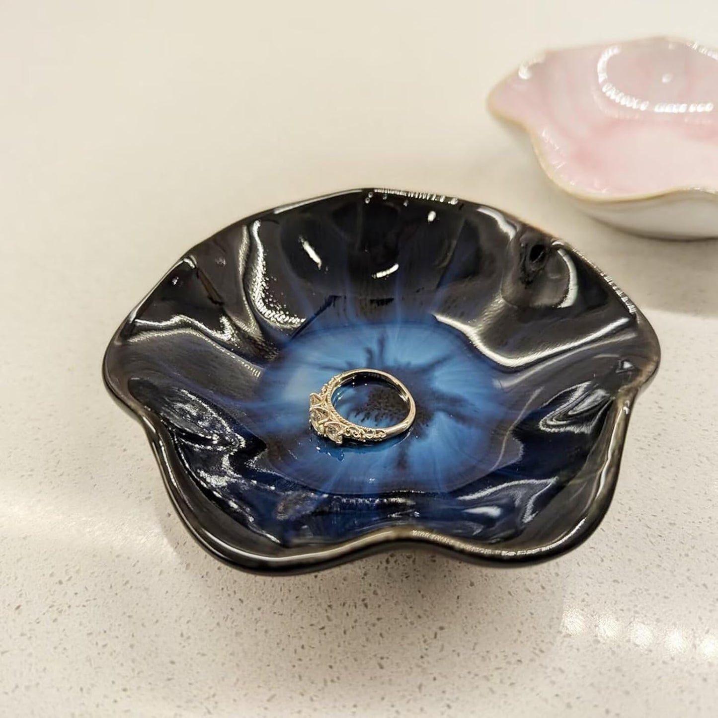 2Pcs Ceramic Jewelry Dish - Lotus Leaf Shape, for Ring Holder Necklace Small Key, Suitable for Mother Friend Sister, Gifts for Women, Cute Plate Trinket Tray, Home Decor (Blue-2PCS)
